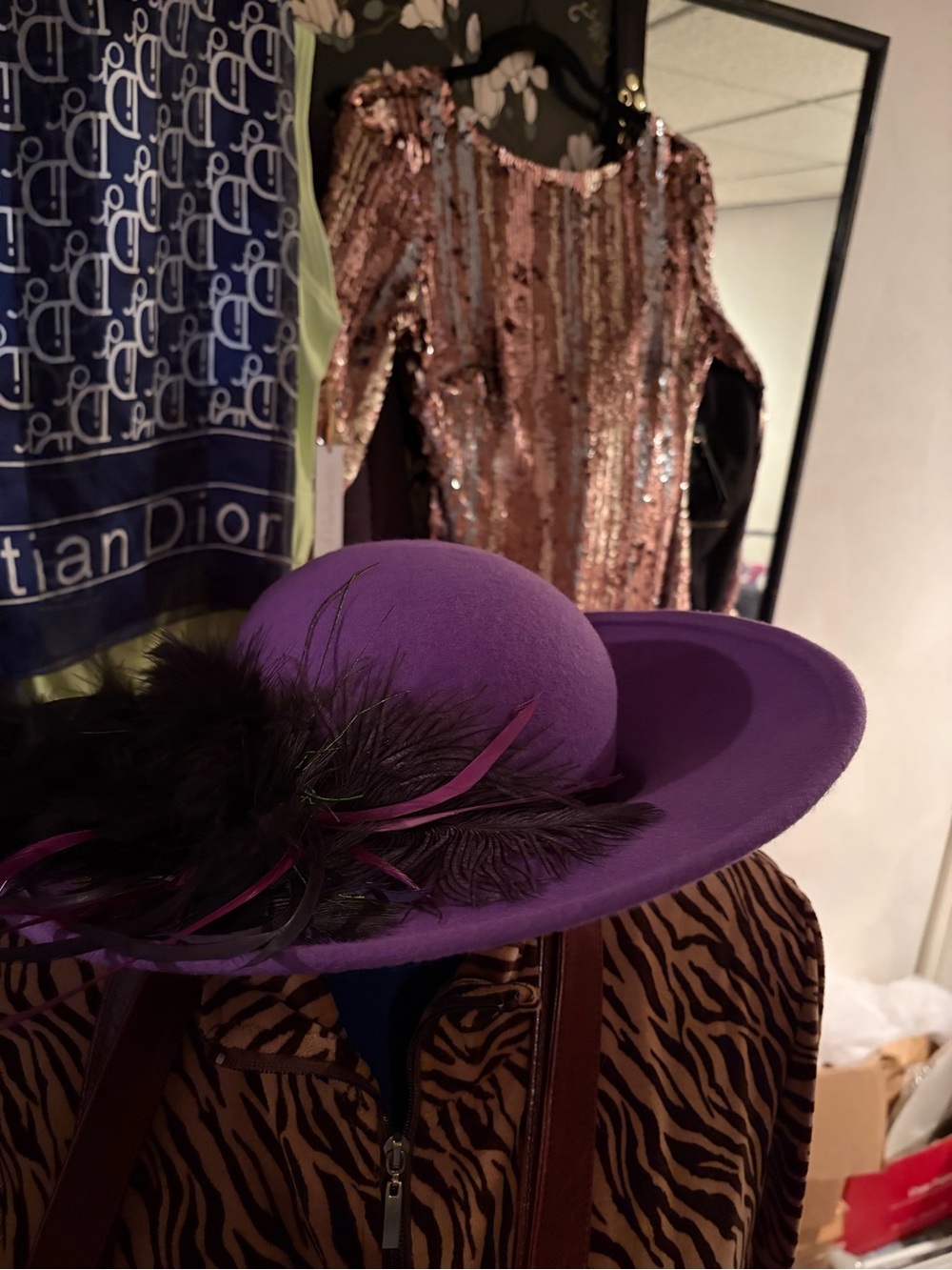 Wide-Brim Purple Wool Hat with Feather Trim